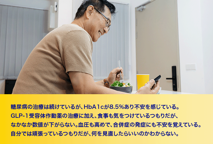 糖尿病の治療は続けているが、HbA1cが8.5%あり不安を感じている。GLP-1受容体作動薬の治療に加え、食事も気をつけているつもりだが、なかなか数値が下がらない。血圧も高めで、合併症の発症にも不安覚えている。自分では頑張っているつもりだが、何を見直したらいいのかわからない。